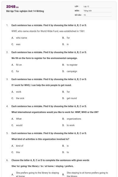 Bài tập Trắc nghiệm Unit 14 Writing