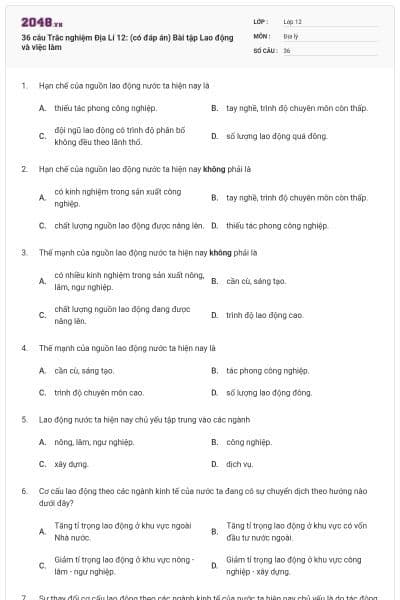 36 câu Trắc nghiệm Địa Lí 12: (có đáp án) Bài tập Lao động và việc làm