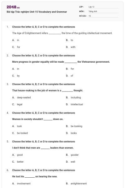 Bài tập Trắc nghiệm Unit 15 Vocabulary and Grammar