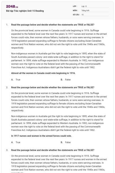 Bài tập Trắc nghiệm Unit 15 Reading