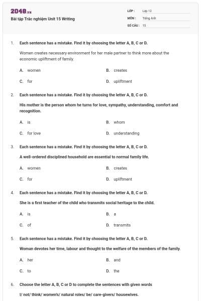 Bài tập Trắc nghiệm Unit 15 Writing