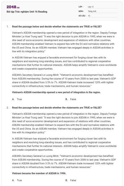 Bài tập Trắc nghiệm Unit 16 Reading