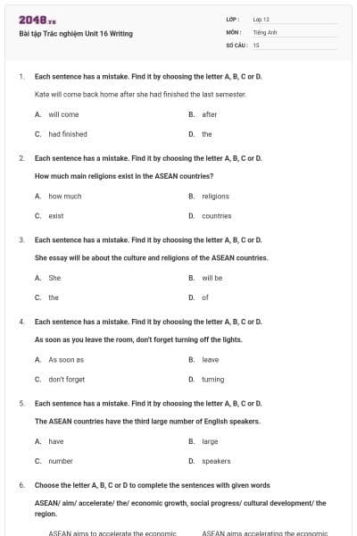 Bài tập Trắc nghiệm Unit 16 Writing