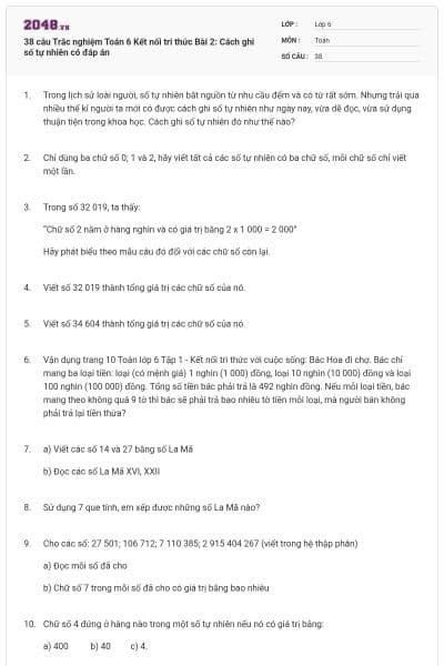 38 câu Trắc nghiệm Toán 6 Kết nối tri thức Bài 2: Cách ghi số tự nhiên có đáp án