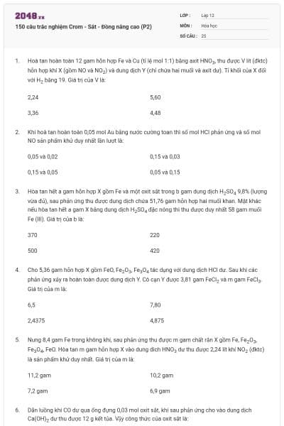 150 câu trắc nghiệm Crom - Sắt - Đồng nâng cao (P2)