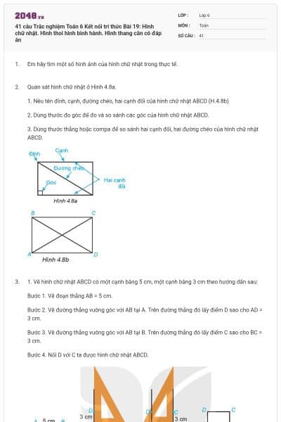 41 câu Trắc nghiệm Toán 6 Kết nối tri thức Bài 19: Hình chữ nhật. Hình thoi hình bình hành. Hình thang cân có đáp án