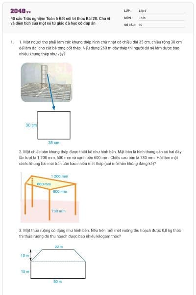 40 câu Trắc nghiệm Toán 6 Kết nối tri thức Bài 20: Chu vi và diện tích của một số tứ giác đã học có đáp án