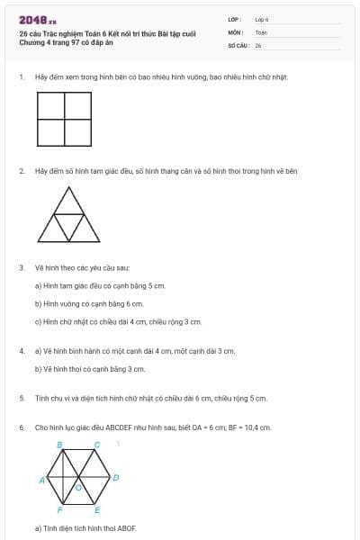 26 câu Trắc nghiệm Toán 6 Kết nối tri thức Bài tập cuối Chương 4 trang 97 có đáp án