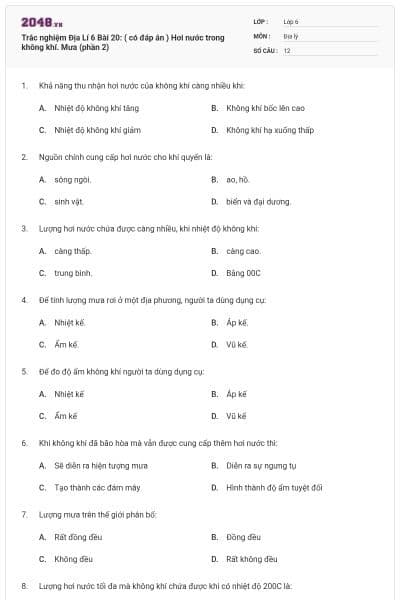 Trắc nghiệm Địa Lí 6 Bài 20: ( có đáp án ) Hơi nước trong không khí. Mưa (phần 2)