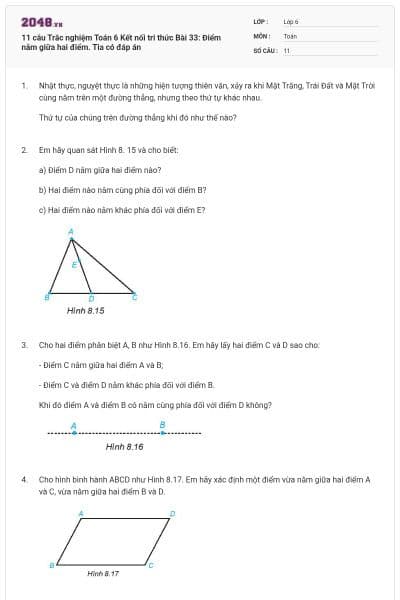 11 câu Trắc nghiệm Toán 6 Kết nối tri thức Bài 33: Điểm nằm giữa hai điểm. Tia có đáp án