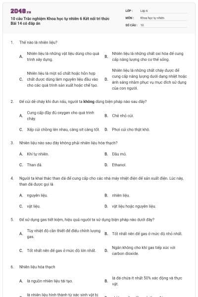 10 câu Trắc nghiệm Khoa học tự nhiên 6 Kết nối tri thức Bài 14 có đáp án