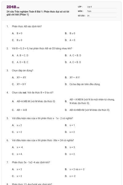 24 câu Trắc nghiệm Toán 8 Bài 1: Phân thức đại số có lời giải chi tiết (Phần 1)