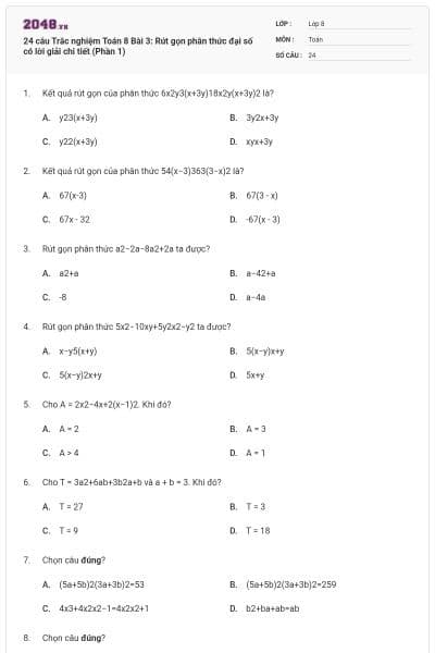 24 câu Trắc nghiệm Toán 8 Bài 3: Rút gọn phân thức đại số có lời giải chi tiết (Phần 1)