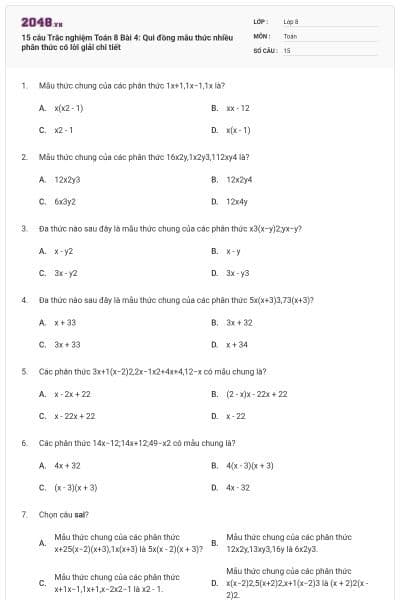 15 câu Trắc nghiệm Toán 8 Bài 4: Qui đồng mẫu thức nhiều phân thức có lời giải chi tiết
