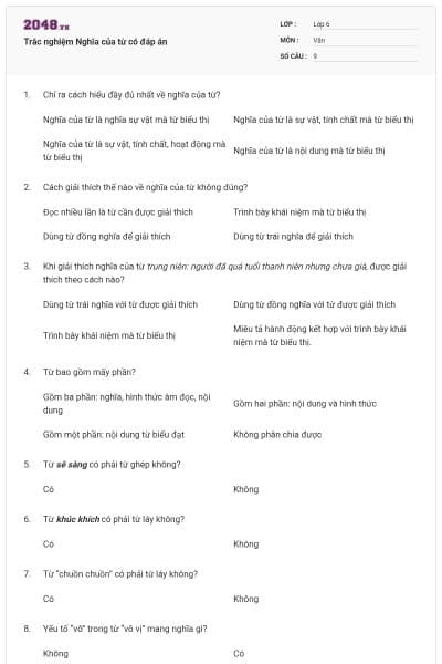 Trắc nghiệm Nghĩa của từ có đáp án