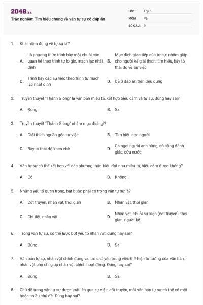 Trắc nghiệm Tìm hiểu chung về văn tự sự có đáp án