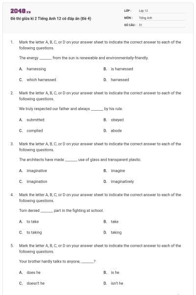 Đề thi giữa kì 2 Tiếng Anh 12 có đáp án (Đề 4)