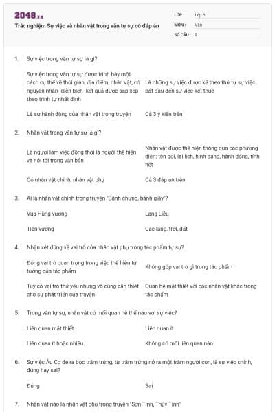 Trắc nghiệm Sự việc và nhân vật trong văn tự sự có đáp án