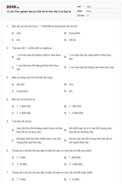12 câu Trắc nghiệm Địa lý 6 Kết nối tri thức Bài 3 có đáp án