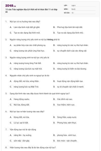 12 câu Trắc nghiệm Địa lý 6 Kết nối tri thức Bài 11 có đáp án