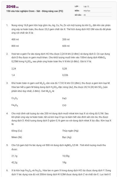 150 câu trắc nghiệm Crom - Sắt - Đồng nâng cao (P3)