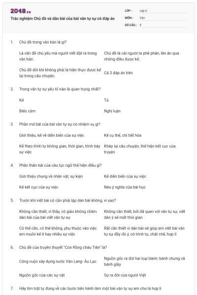 Trắc nghiệm Chủ đề và dàn bài của bài văn tự sự có đáp án