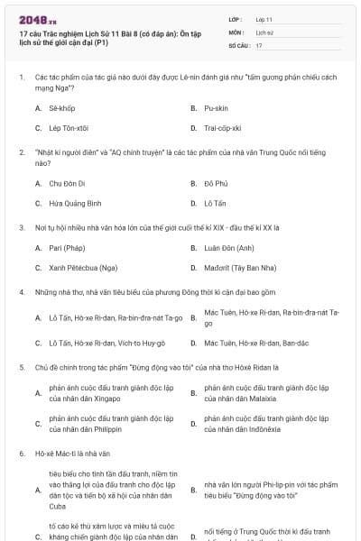 17 câu Trắc nghiệm Lịch Sử 11 Bài 8 (có đáp án): Ôn tập lịch sử thế giới cận đại (P1)