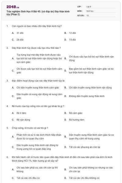 Trắc nghiệm Sinh Học 8 Bài 45: (có đáp án) Dây thần kinh tủy (Phần 2)