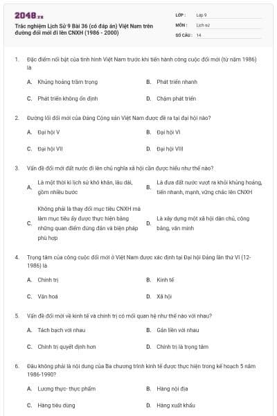 Trắc nghiệm Lịch Sử 9 Bài 36 (có đáp án) Việt Nam trên đường đổi mới đi lên CNXH (1986 - 2000)