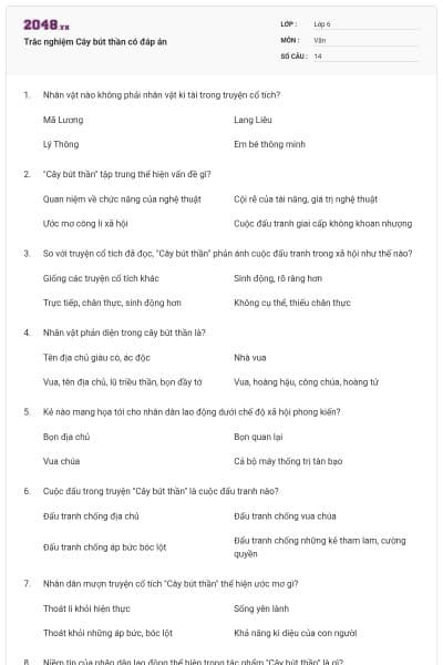 Trắc nghiệm Cây bút thần có đáp án