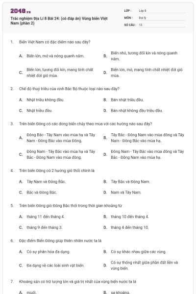 Trắc nghiệm Địa Lí 8 Bài 24: (có đáp án) Vùng biển Việt Nam (phần 2)