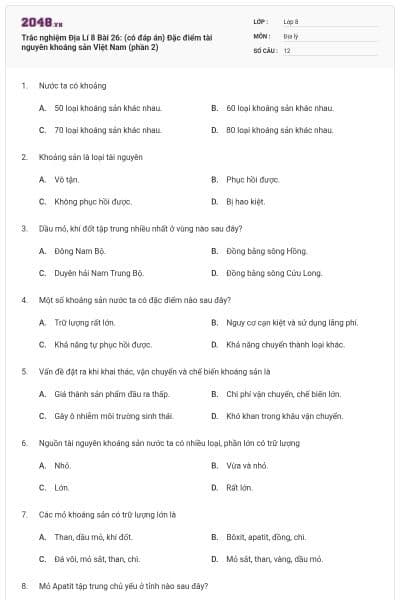Trắc nghiệm Địa Lí 8 Bài 26: (có đáp án) Đặc điểm tài nguyên khoáng sản Việt Nam (phần 2)