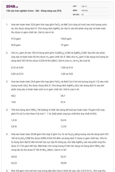 150 câu trắc nghiệm Crom - Sắt - Đồng nâng cao (P4)