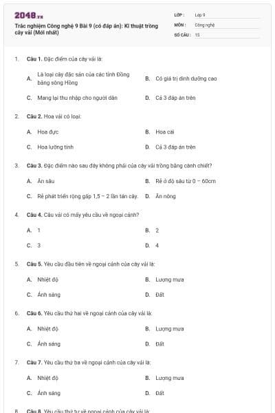 Trắc nghiệm Công nghệ 9 Bài 9 (có đáp án): Kĩ thuật trồng cây vải (Mới nhất)