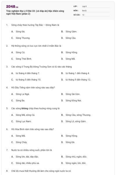 Trắc nghiệm Địa Lí 8 Bài 33: (có đáp án) Đặc điểm sông ngòi Việt Nam (phần 2)