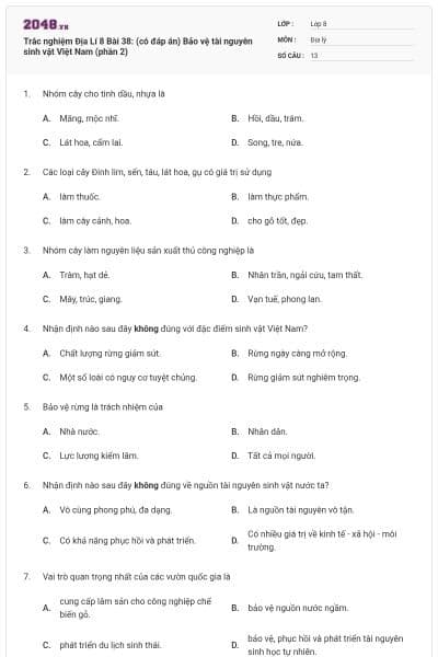 Trắc nghiệm Địa Lí 8 Bài 38: (có đáp án) Bảo vệ tài nguyên sinh vật Việt Nam (phần 2)