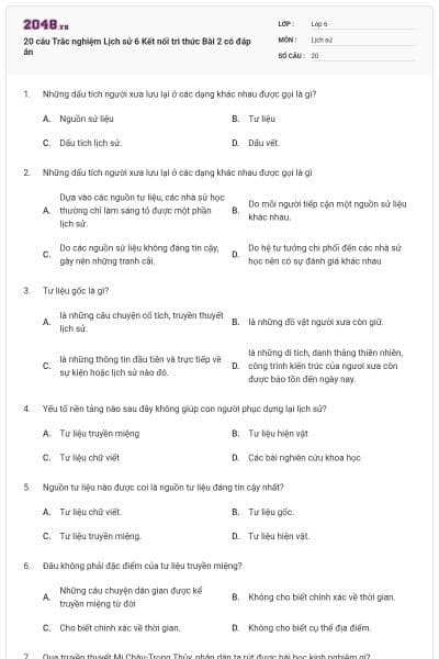 20 câu Trắc nghiệm Lịch sử 6 Kết nối tri thức Bài 2 có đáp án