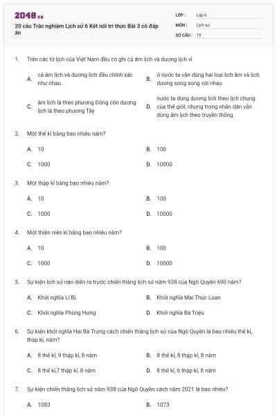 20 câu Trắc nghiệm Lịch sử 6 Kết nối tri thức Bài 3 có đáp án