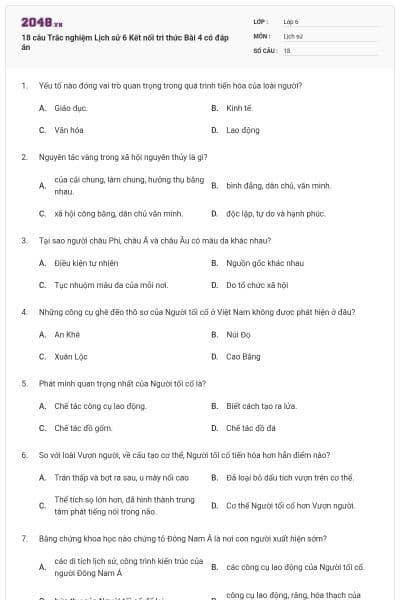 18 câu Trắc nghiệm Lịch sử 6 Kết nối tri thức Bài 4 có đáp án