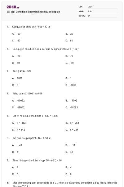 Bài tập: Cộng hai số nguyên khác dấu có đáp án