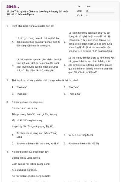 11 câu Trắc nghiệm Chùm ca dao về quê hương đất nước Kết nối tri thức có đáp án