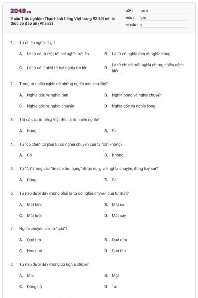 9 câu Trắc nghiệm Thực hành tiếng Việt trang 92 Kết nối tri thức có đáp án (Phần 2)