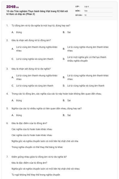 10 câu Trắc nghiệm Thực hành tiếng Việt trang 92 Kết nối tri thức có đáp án (Phần 3)