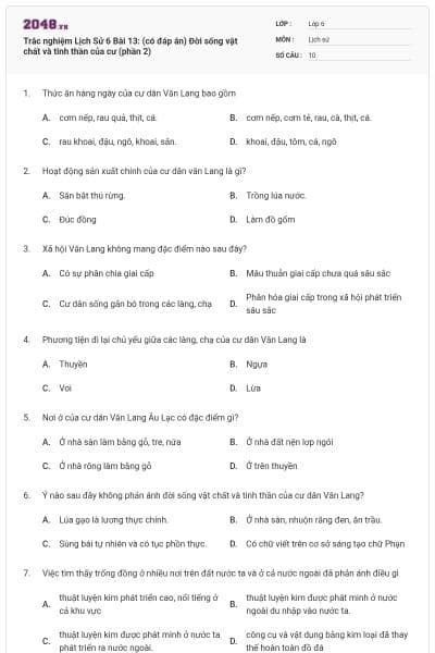Trắc nghiệm Lịch Sử 6 Bài 13: (có đáp án) Đời sống vật chất và tinh thần của cư (phần 2)