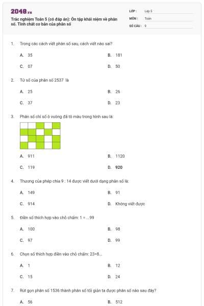 Trắc nghiệm Toán 5 (có đáp án): Ôn tập khái niệm về phân số. Tính chất cơ bản của phân số
