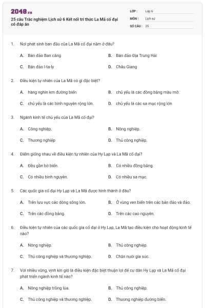 25 câu Trắc nghiệm Lịch sử 6 Kết nối tri thức La Mã cổ đại có đáp án