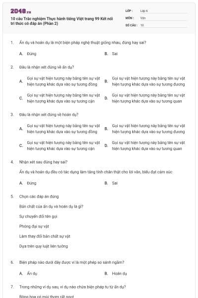 10 câu Trắc nghiệm Thực hành tiếng Việt trang 99 Kết nối tri thức có đáp án (Phần 2)