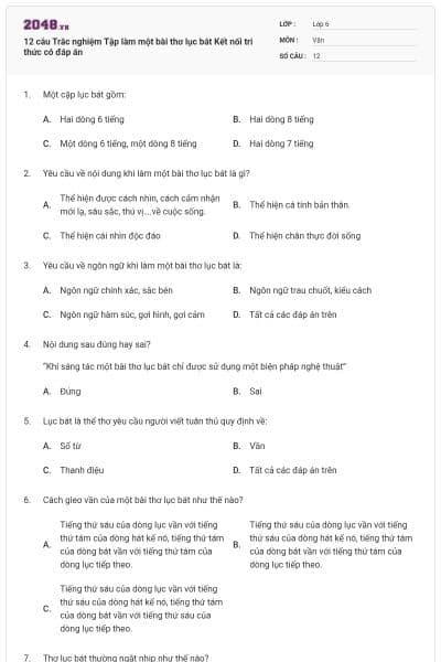 12 câu Trắc nghiệm Tập làm một bài thơ lục bát Kết nối tri thức có đáp án