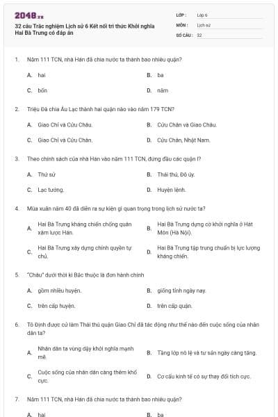32 câu Trắc nghiệm Lịch sử 6 Kết nối tri thức Khởi nghĩa Hai Bà Trưng có đáp án