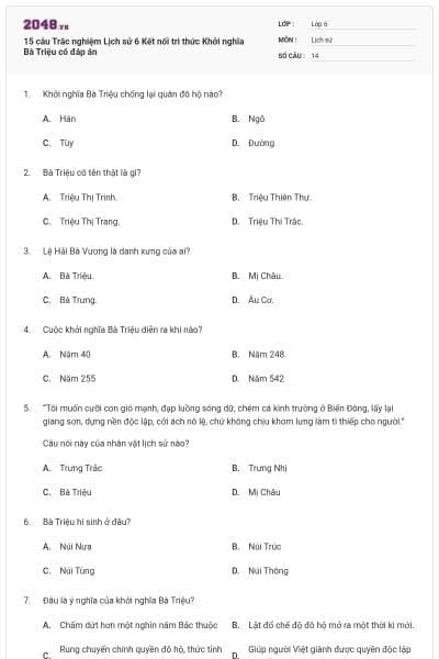15 câu Trắc nghiệm Lịch sử 6 Kết nối tri thức Khởi nghĩa Bà Triệu có đáp án